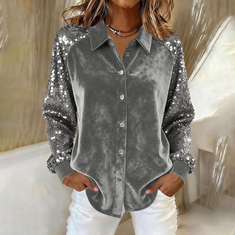 Women Front Velvet Sequin Sleeved Shirt Classic Point Collar Vertical Button Fastening Sequin Covered Raglan Arms Solid Bottom Cuff Loose Long Sl
