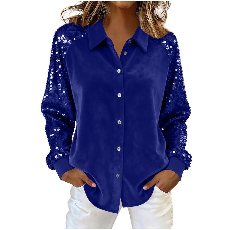 Womens Turn Collar Velvet Button Shirt Sequin Panel Raglan Sleeve Structure Straight Solid Cuff Unfitted Long Sleeve Blouse