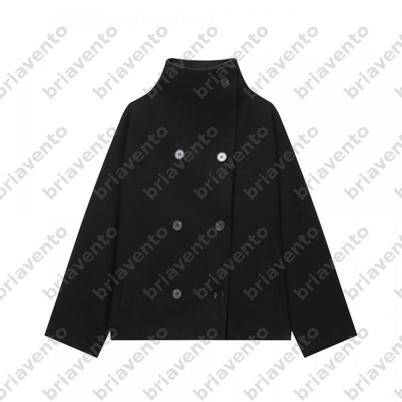 Women Elegant Short Woolen Outerwear Stand Collar Double Row Buttons Drop Shoulder Sleeves Side Pockets Soft Solid Overcoat