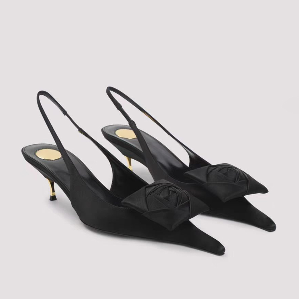 Top quality Women's kitten heel pointed toe sandal Luxury silk rose flower wedge heel slingback dress shoes fashion designer Party Evening Shoe