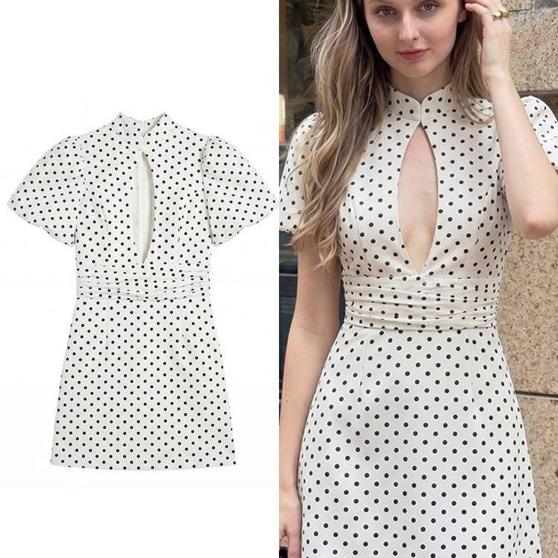 Women's Polka Dot Bodycon Dress Stand Collar Cutout Short Sleeve High Waist Summer Casual Mini Dress