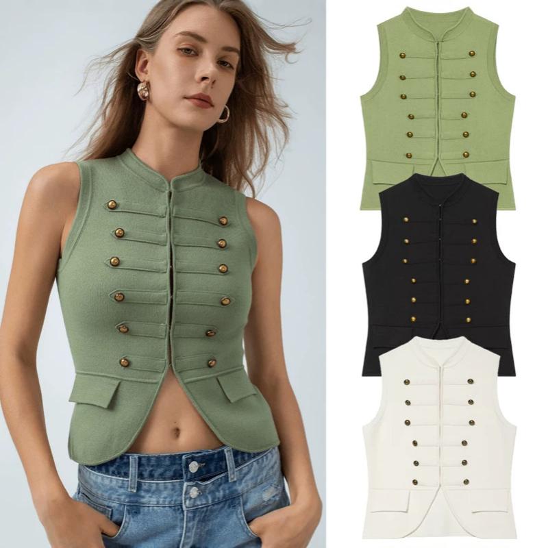 Women Summer Sleeveless Knit Vest Stand Collar Double-Breasted Short Tank Top Solid Color Streetwear Casual Outerwear