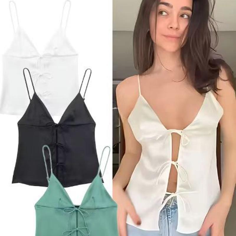 Women Satin Bow Camisole Crop Top Double Spaghetti Strap Sexy Y2K Summer Streetwear Solid Color Cami White Black