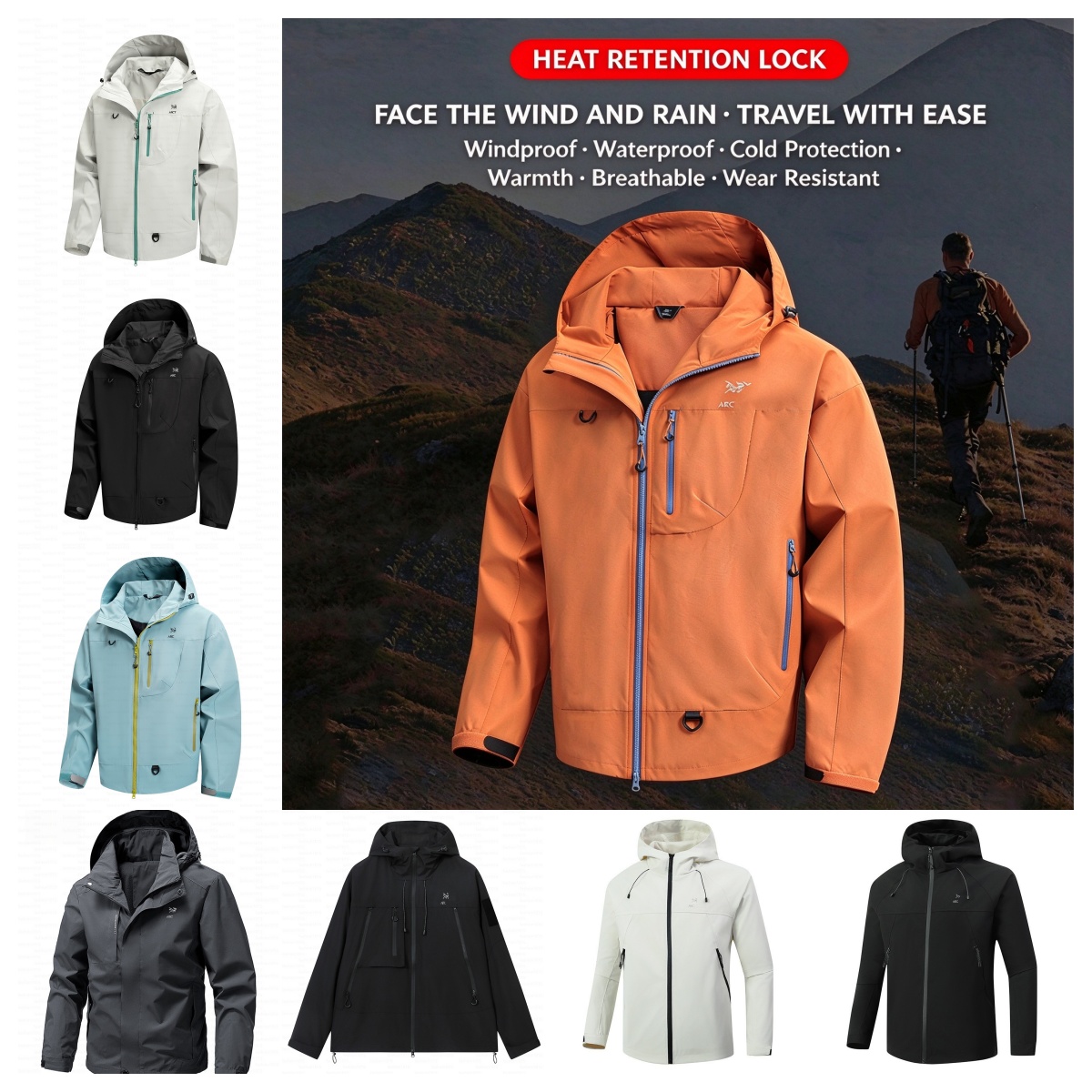 arc jacket men woman Collar Softshell Jacket Windproof Breathable Outdoor Hiking Coat Full Zip Casual Sports Outerwear, Bird Logo Slim Fit Jacket fo