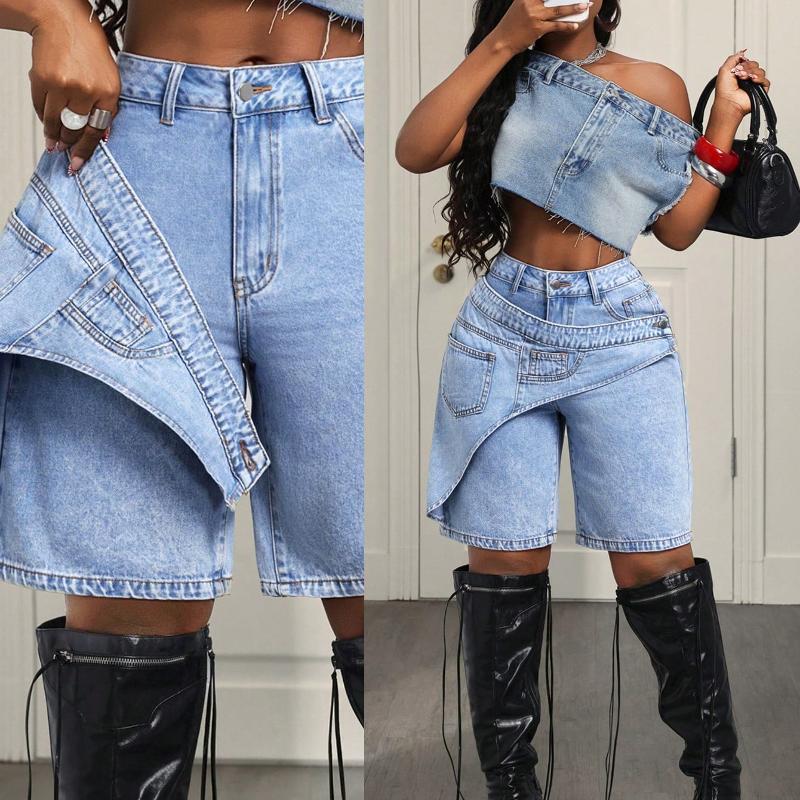 Designer haute qualité femmes taille moyenne lâche short en jean droit été streetwear décontracté bleu cinq points pantalons bas S-XL