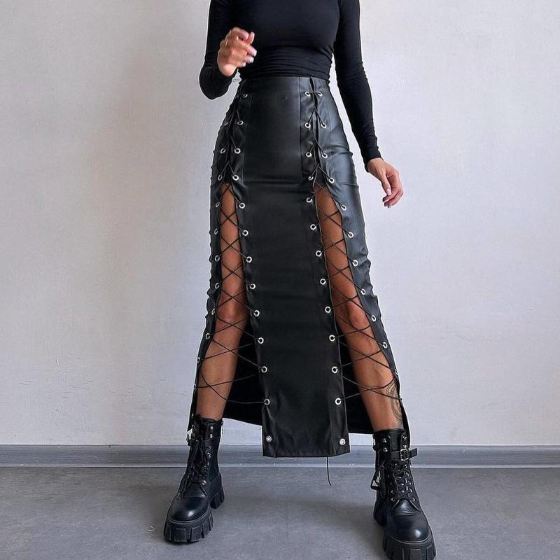 Mini jupe moulante en cuir PU pour femmes, Sexy, couleur unie, noir, taille haute, fendue, à lacets, Clubwear, Streetwear, printemps