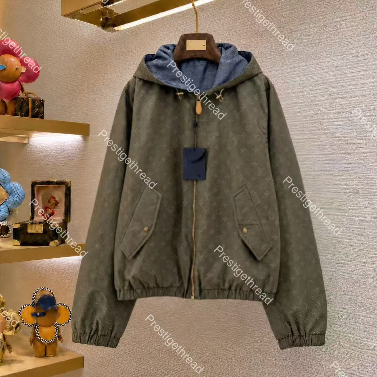 Designer High-Quality Men's Jackets Fully Printed Reflective Reversible Windproof Hooded Zipper Coat in Military Green with Monogram Letters