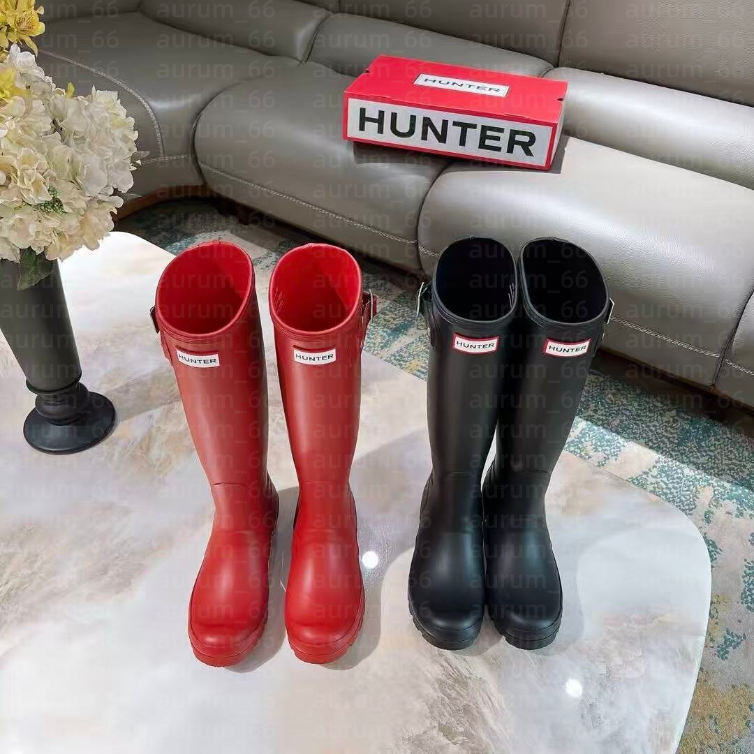 Hunter Rain Boots Women Wellies Womens Designer Rain boots Luxury Wellies High quality Anti Slip Rubber Wellington Boots Black Shoes Rainboots Red M