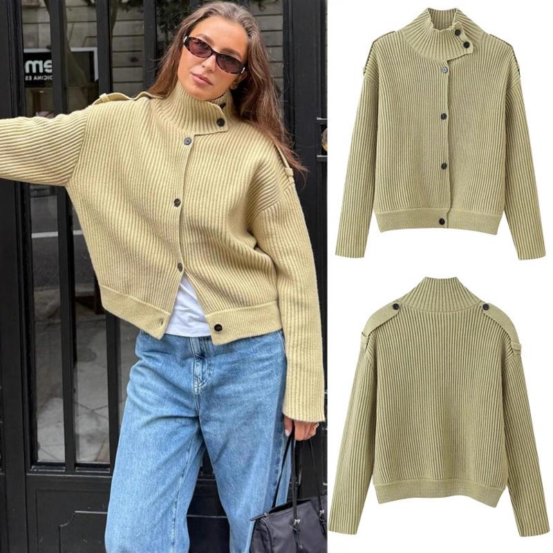 Cardigan en tricot ample pour femmes par le concepteur, col roulé à manches longues couleur unie simple boutonnage décontracté automne hiver pull