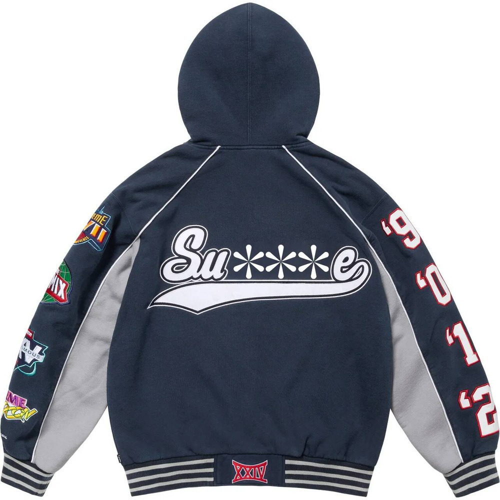 Supreem Unisex Color Block Varsity Bomber Hooded Varsity Jacket Color Block Multi Patch Embroidery Baseball Coat Retro Old School Street Fleece Oute