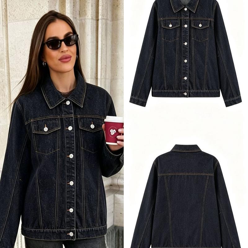 Quotidien femmes Bouton Revers Denim Veste Décontracté Lâche Manches Longues Printemps Automne Noir Manteau D'extérieur Hauts