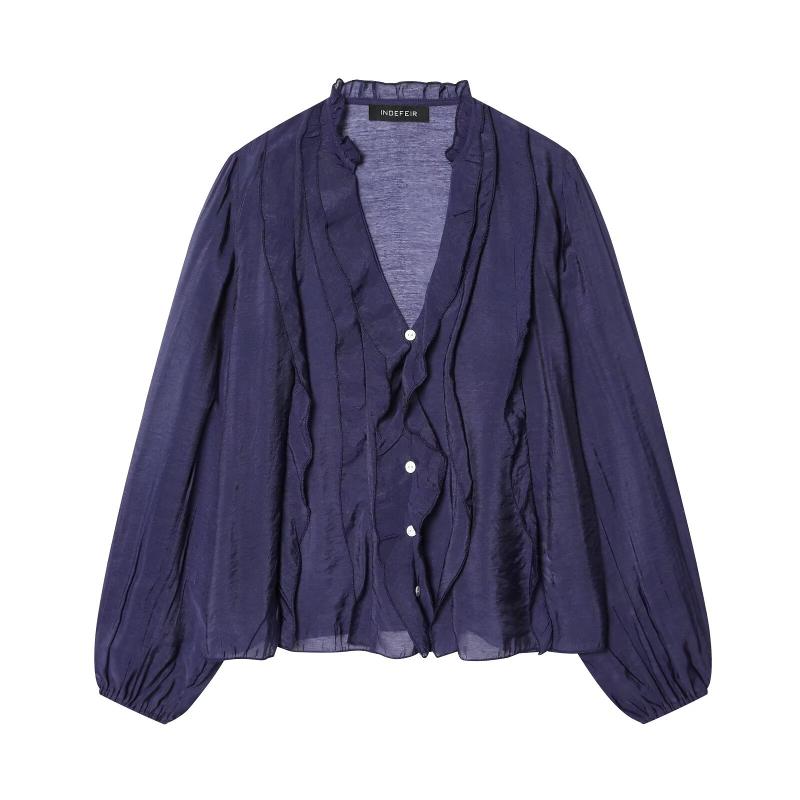 Womens Fringe Ruffle Trim Polka Dot Shirt V Neck Front Button Closure Sheer Chiffon Texture Continuous Ruffle On Center Line Elastic Cuffed Long Sle