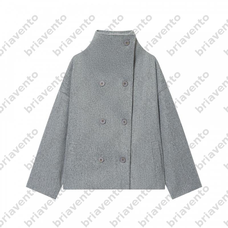 High Neck Double Breasted Wool Blend Coat For Women Loose Oversized Silhouette Side Slip Pockets Solid Color Long Sleeve Jacket