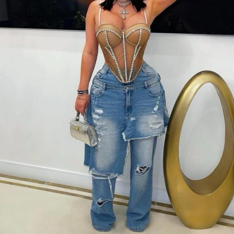High Quality Women's Autumn Winter Straight Leg Jeans Distressed Spliced Ripped Loose Denim Pants Streetwear