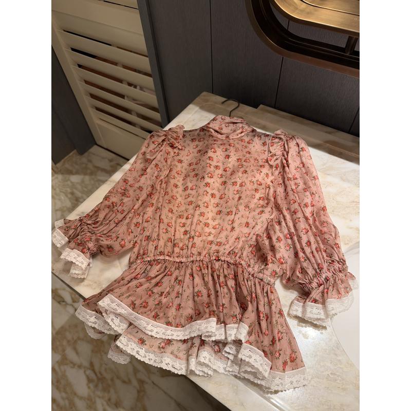 Camicetta da donna in seta floreale a pois, camicia a maniche midi con collo allacciato e finiture in pizzo, top elegante con elastico in vita per a