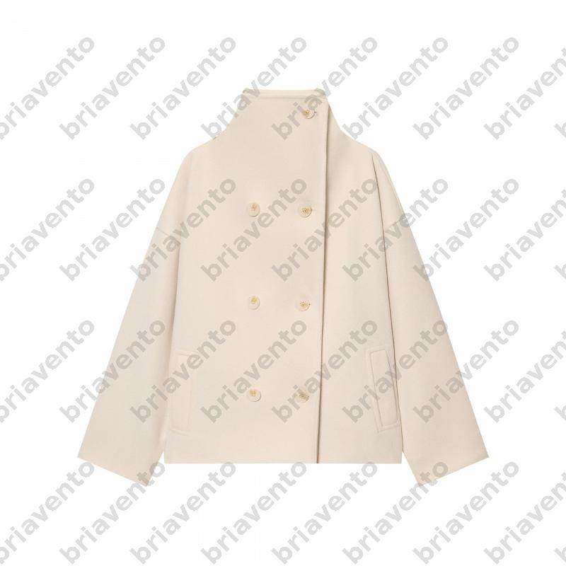Manteau court en laine Beige uni pour femmes, col haut, col montant, Double boutonnage, fermeture à boutons, coupe boxy décontractée, poches laté