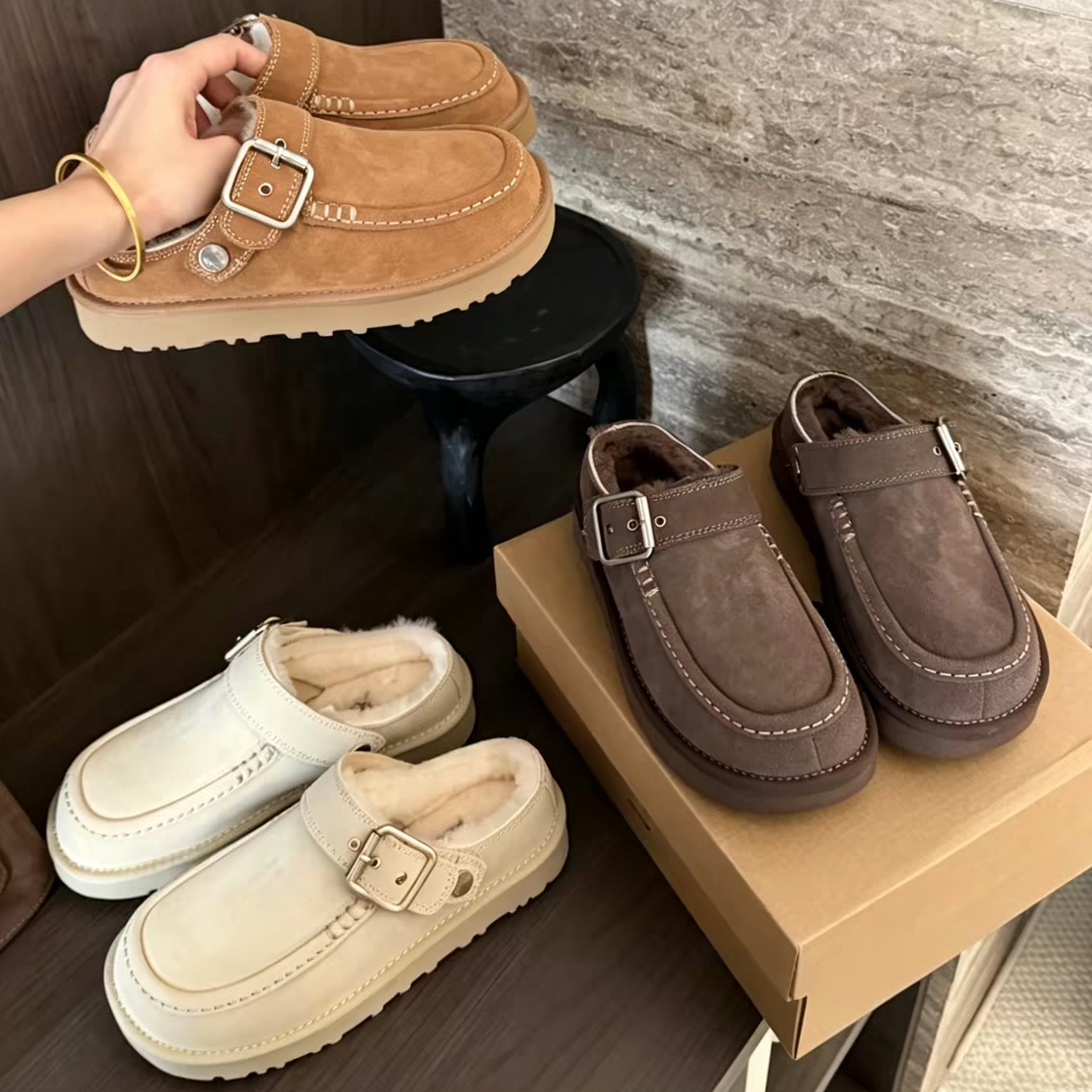 designer Goldenstar Evelina Clog slippers Tasman Tazz fluffy Slipper Chestnut Winter Fur Platform Boot Women Men Suede mustard seed micro Boots gold