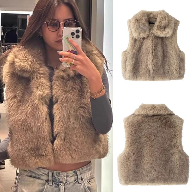Gilet en fausse fourrure pour femme, veste courte sans manches, couleur unie, revers, ample, Streetwear, vêtements d'extérieur, automne hiver, XS