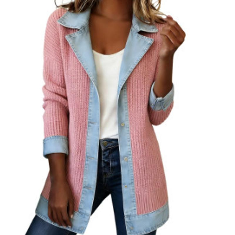 Veste en denim contrastée en tricot côtelé vertical pour femme Style de costume en jean Col à revers Patte de boutonnage en denim Bord en denim d