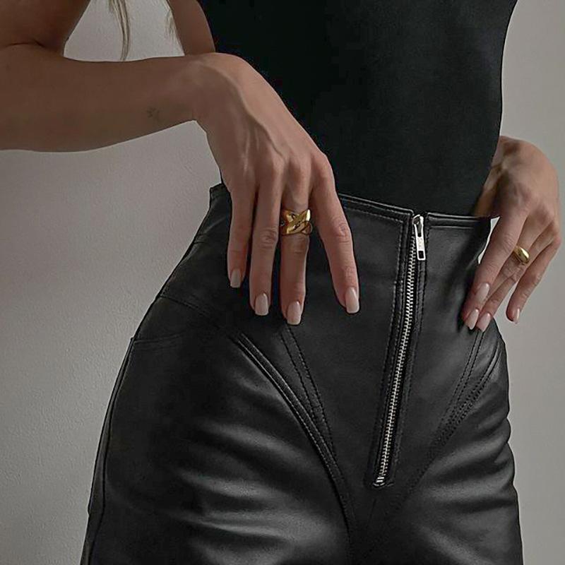 Designer Haute Qualité Femmes PU Cuir Skinny Pantalon Avant Zipper Butt Levage Minceur Extensible Couleur Solide Streetwear Automne S M L