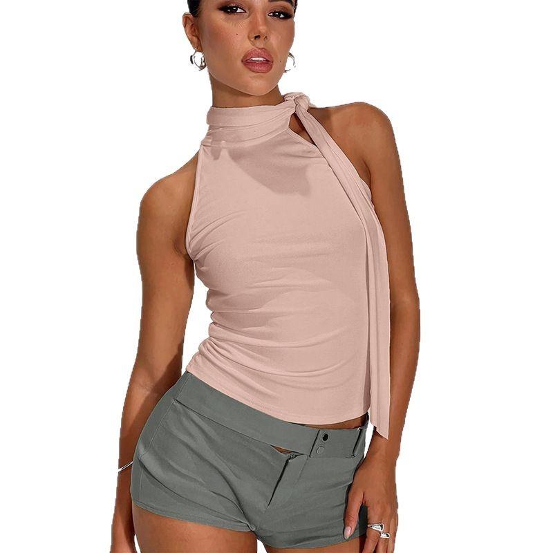 Débardeur sans manches à col montant pour femmes, couleur unie, cravate, Sexy, Streetwear, gilet court, T-Shirt, Style européen et américain, été