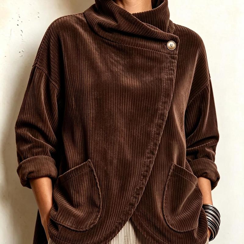 Designer Corduroy Top Asymmetric Side Button Loose Fit Stand Collar Long Sleeve Solid Casual Fall Winter Shirt