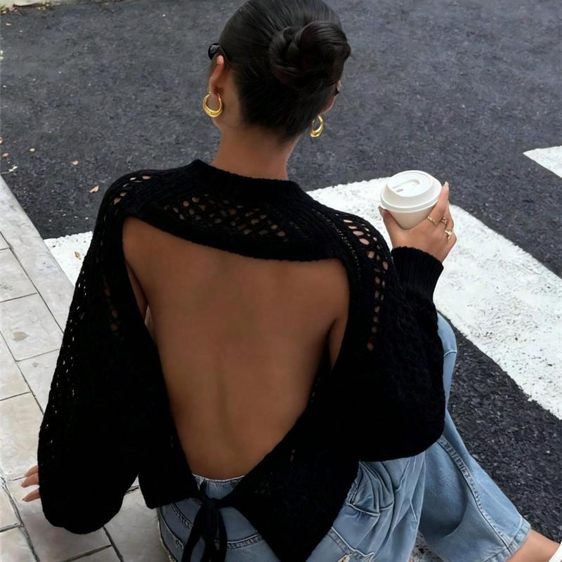 Designer Women's Open Back Hollow Out Knit Pullover Sweater 2025 Fall French Romantic Long Sleeve Geometric Loose Top