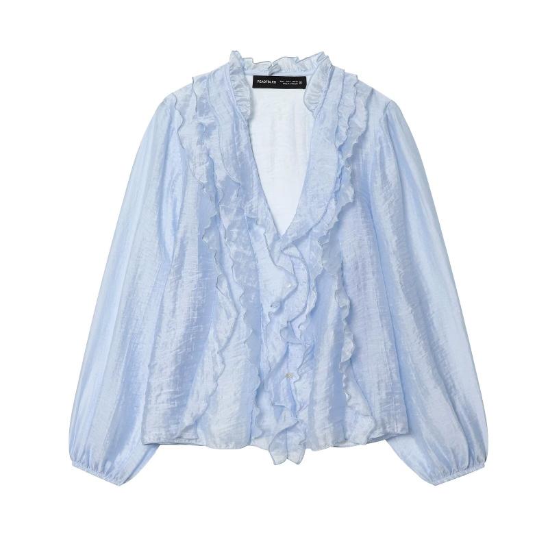 Ladies Polka Dot Sheer Blouse Ruffle Encircled V Neckline Full Length Button Placket Front Ruffle Overlay Details Elasticated Sleeve Hem Long Sleeve