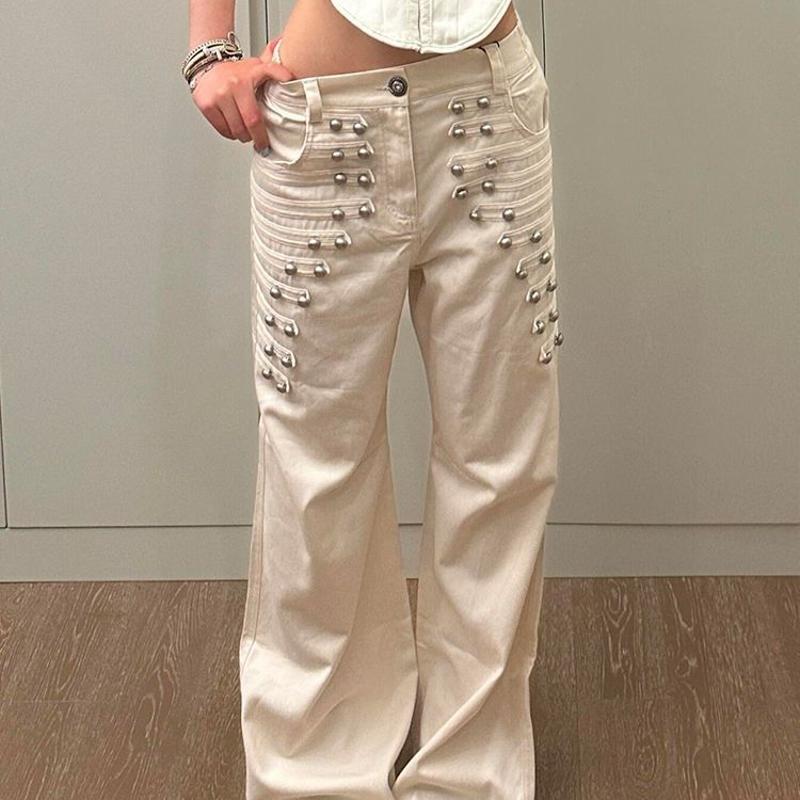 Designer Haute Qualité Femmes Taille Haute Jambe Large Jeans Multi-Rangées Boucle En Métal Strass Perlé Streetwear Coupe Ample Longueur Au Sol Pa