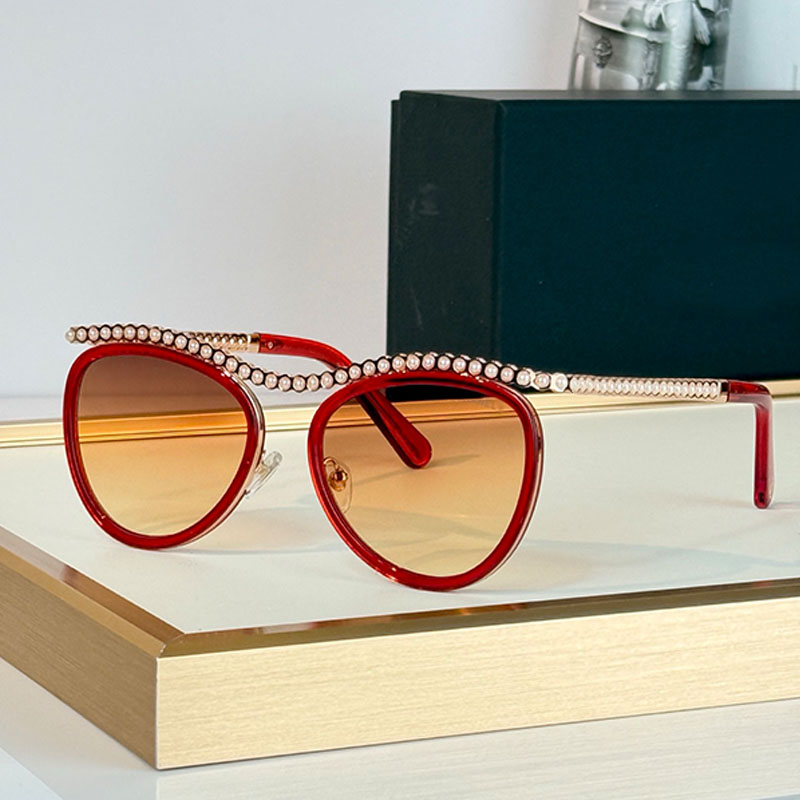 Designer ladies fashion Paris brand sunglasses CH4296 acetate cool red cat eye sunglasses imitation pearl decoration orange lenses Y2K photography b