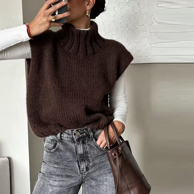 High Quality Women Chunky Knit Turtleneck Vest Sweater Tank Top Solid Sleeveless Loose Pullover Fall Winter Casual