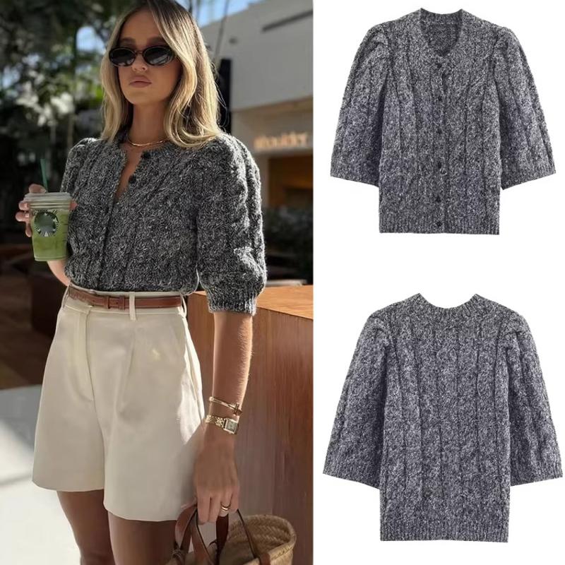 Cardigan en tricot gris pour femmes, manches 3/4, ouvert sur le devant, col rond, simple boutonnage, Streetwear, haut de printemps, vêtements d'e