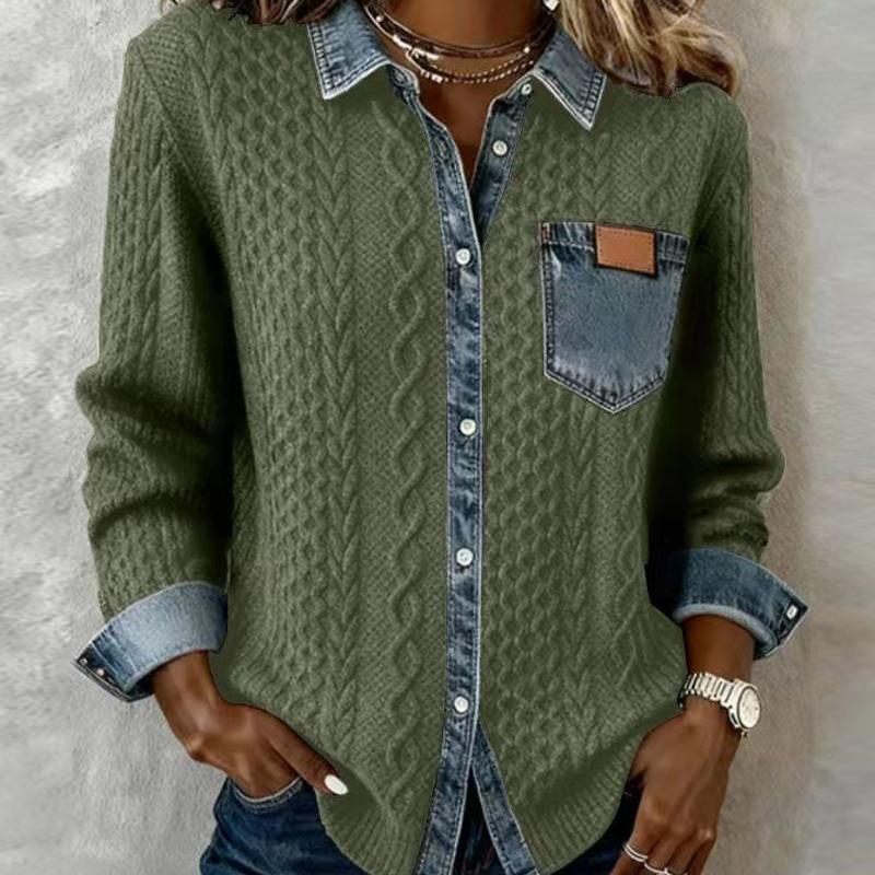 Chemise en jean en tricot torsadé pour femme, col en pointe, poignet en denim, poche poitrine avec bouton accentué en cuir sur le devant, manches