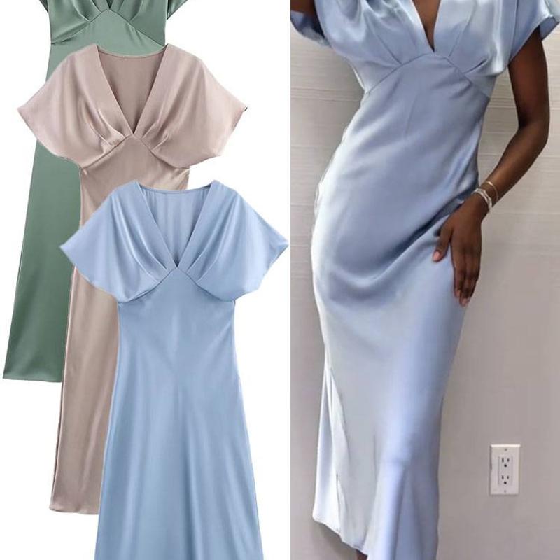Abito estivo da donna di design a trapezio in raso con scollo a V, manica corta, vita alta, abito da festa casual con volant