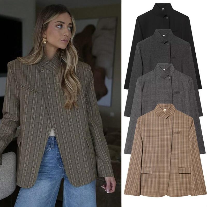 Blazer en mélange de lin à carreaux pour femmes de créateur, veste décontractée à manches longues et col montant à simple boutonnage, vêtements d