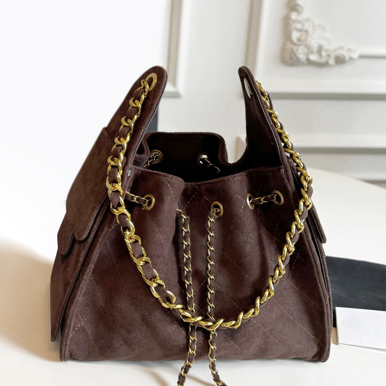 Luxury Vintage Deaigner Brown Suede bag Hobo 25bag Women Large Crossbody Shoulder bag Drawstring Chain Tote bag Dark Brown Suede Handbag Shopping ba