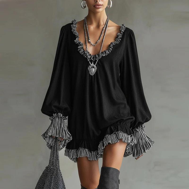 Designer High Quality Women Black Irregular Hem Mini Dress Long Sleeve Ruffle Neck Casual Streetwear Loose Fit Pullover Dress Spring Autumn