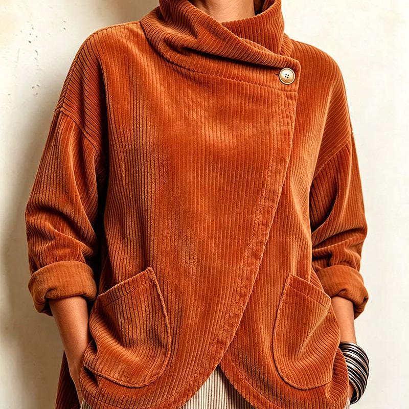 Designer haute qualité velours côtelé haut asymétrique bouton latéral coupe ample col montant à manches longues solide décontracté automne hiver