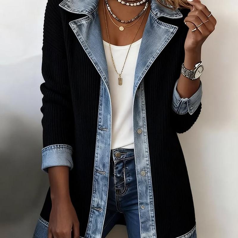 Veste en denim côtelé pour femme avec bordure contrastée, col à revers en denim cranté, manchette en denim avec patte de boutonnage sur le devant