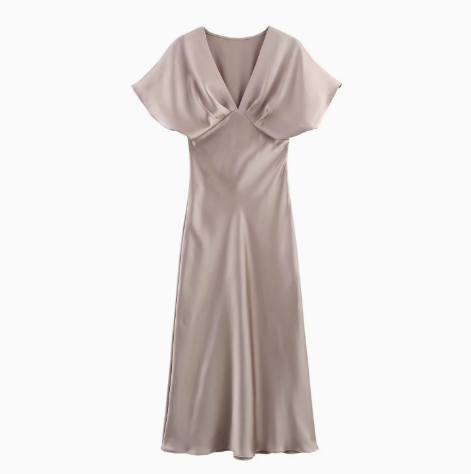 Abito estivo da donna di design a trapezio in raso, manica corta, vita alta, abito da festa casual con volant