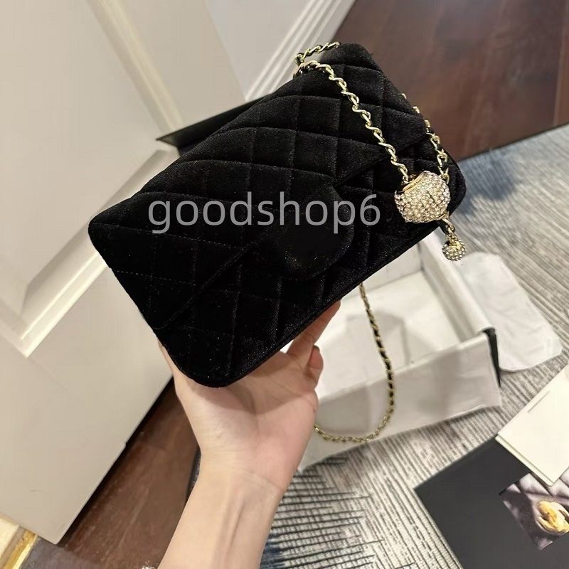 Designer women's sewn flap crossbody bag gold chain with rhinestone ball pendant shoulder bag elegant evening women's handbag