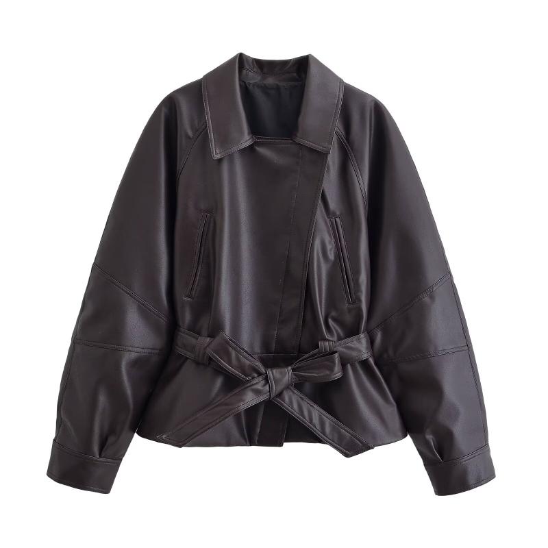 Veste courte ceinturée en similicuir pour femme, fermeture éclair à revers, manches longues, vêtements d'extérieur streetwear
