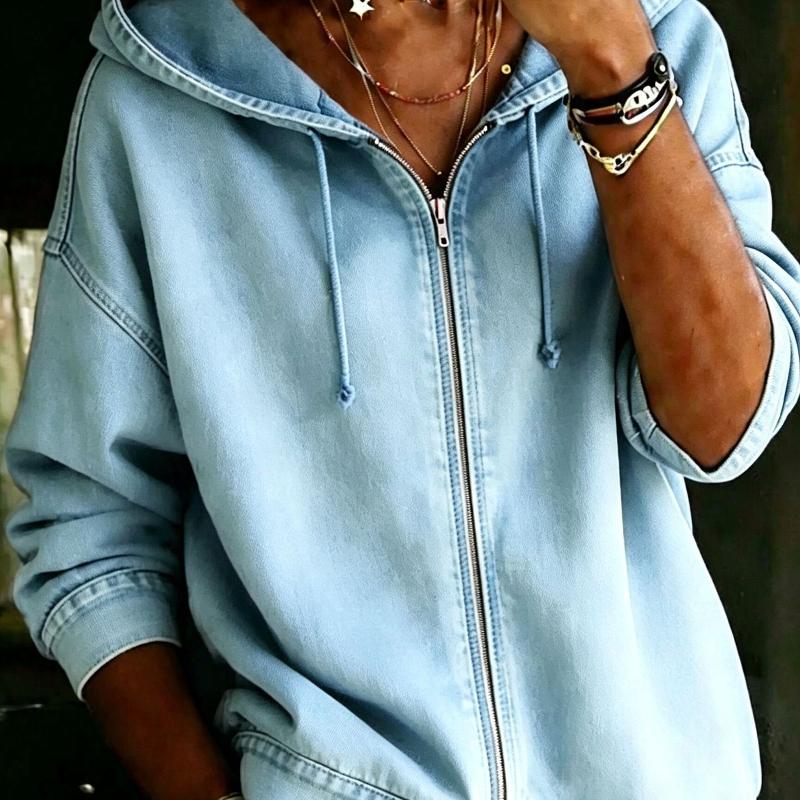 Veste en Jean à capuche surdimensionnée pour femmes, fermeture éclair complète, cordon de serrage, manches longues, coupe décontractée, Denim lav