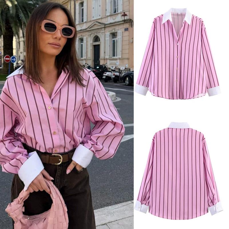 Camicia con risvolto a righe di design da donna, top casual ampio a maniche lunghe, stile street per la primavera e l'autunno, colorazione rosa e gi