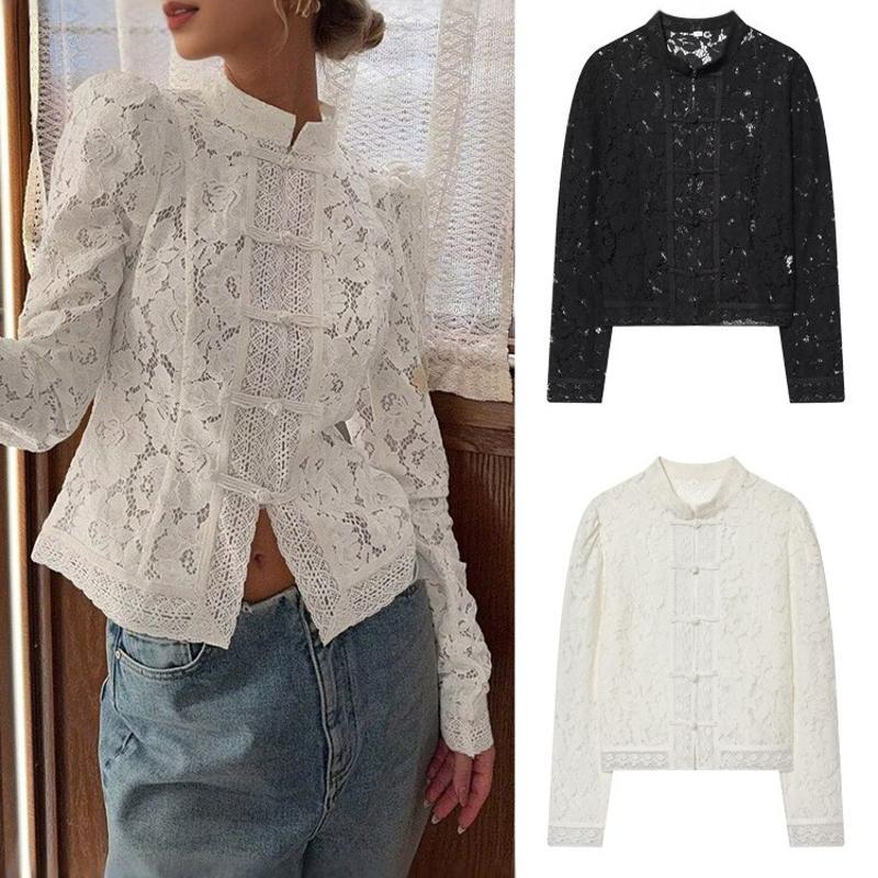Designer Women's Lace Stand Collar Blouse Vintage French Style Frog Button Hollow Out Chic Pullover Summer Top