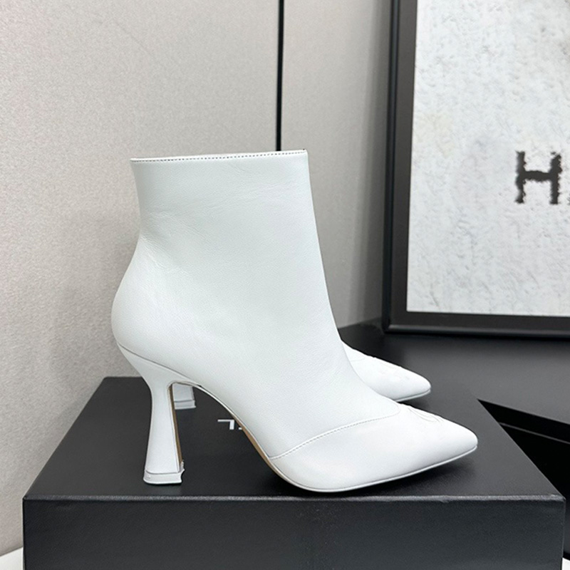 Spring Designer Womens Pointed Short Boots Fashion Minimalist White Calf Leather Shoes Upper Ankle Boots Womans Outdoor Luxury Casual Matching Short