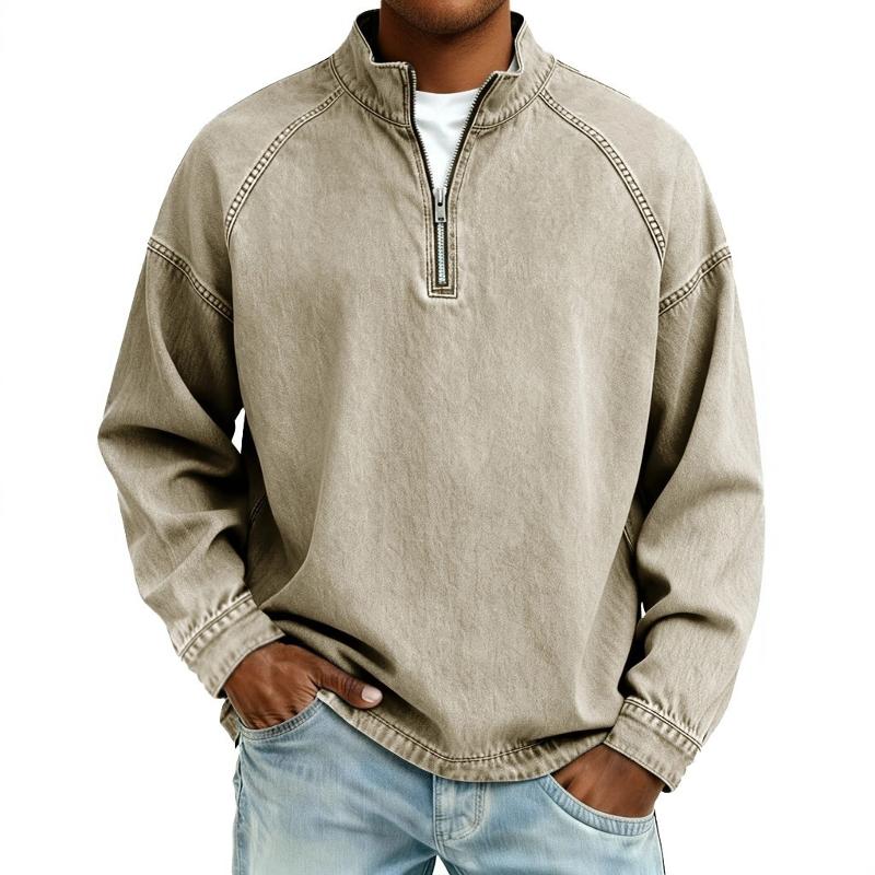 Haut en jean à col montant et manches raglan pour hommes, coupe décontractée, pull en denim légèrement délavé, chemise décontractée à manches lon