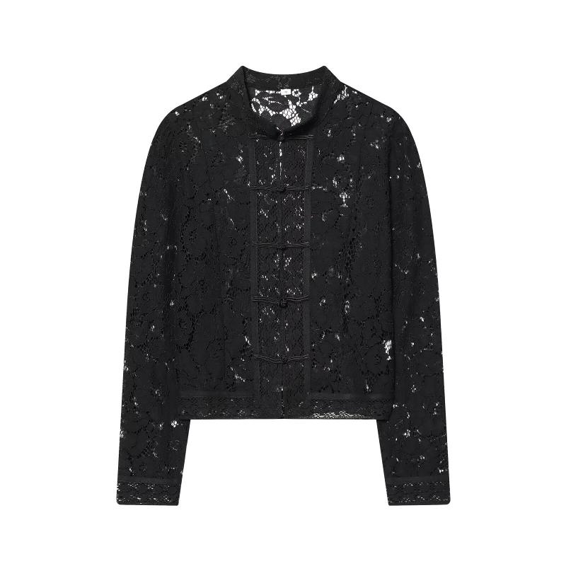 Designer Women's Lace Stand Collar Blouse Vintage French Style Frog Button Hollow Out Chic Pullover Top