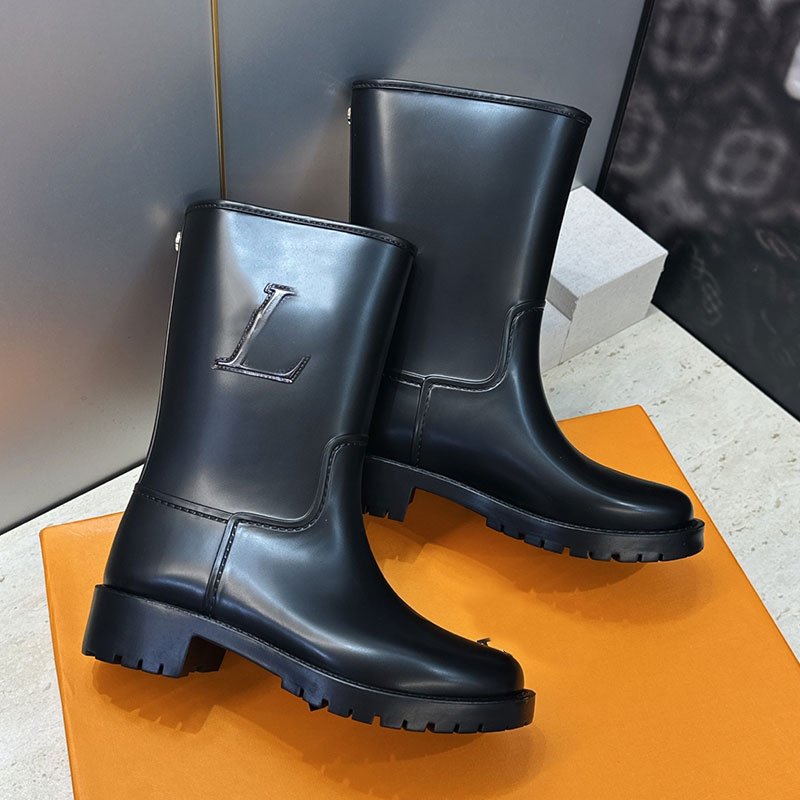 Drops Flat Half Rain Boot Womens Vintage Waterproof boots Ladies Black Waterproof Rubber Mid Boots Designer Chunky Lug Sole rain boots Signature Ini