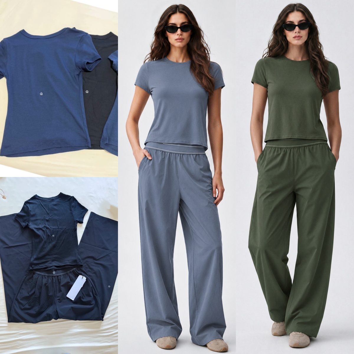 A3036 Fashion Quick-drying Round Neck T Shirts Fitness Yoga Top Shirt or Sport Wide Leg Pants High Waist Yoga Pants Fashion Fitness Suit